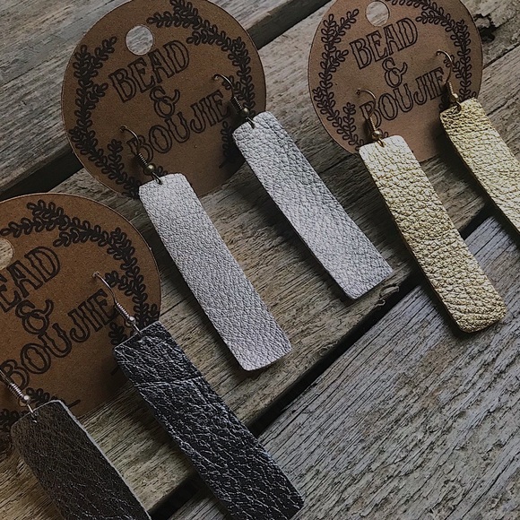 Genuine Metallic Leather Rectangle Bar Shaped Lightweight Dangle Earrings - Picture 2 of 8